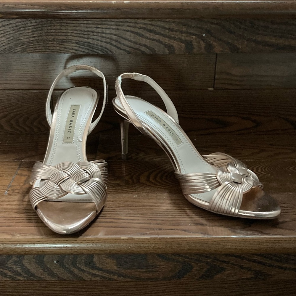 Zara Art Deco gold metallic sling back heels